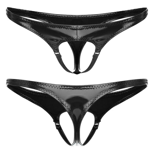 Men's Sexy Erotic G-String Thong Wetlook PU Leather Underwear Cutout Pouch Butt Briefs Jockstrap Hole Panties T-back Underpants